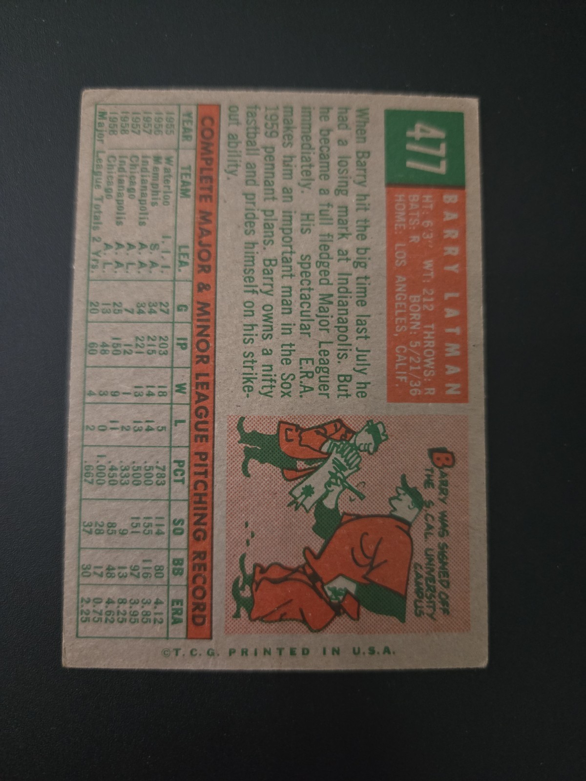 1959 Topps Baseball #477 Barry Latman ****FREE SHIPPING**** 0298