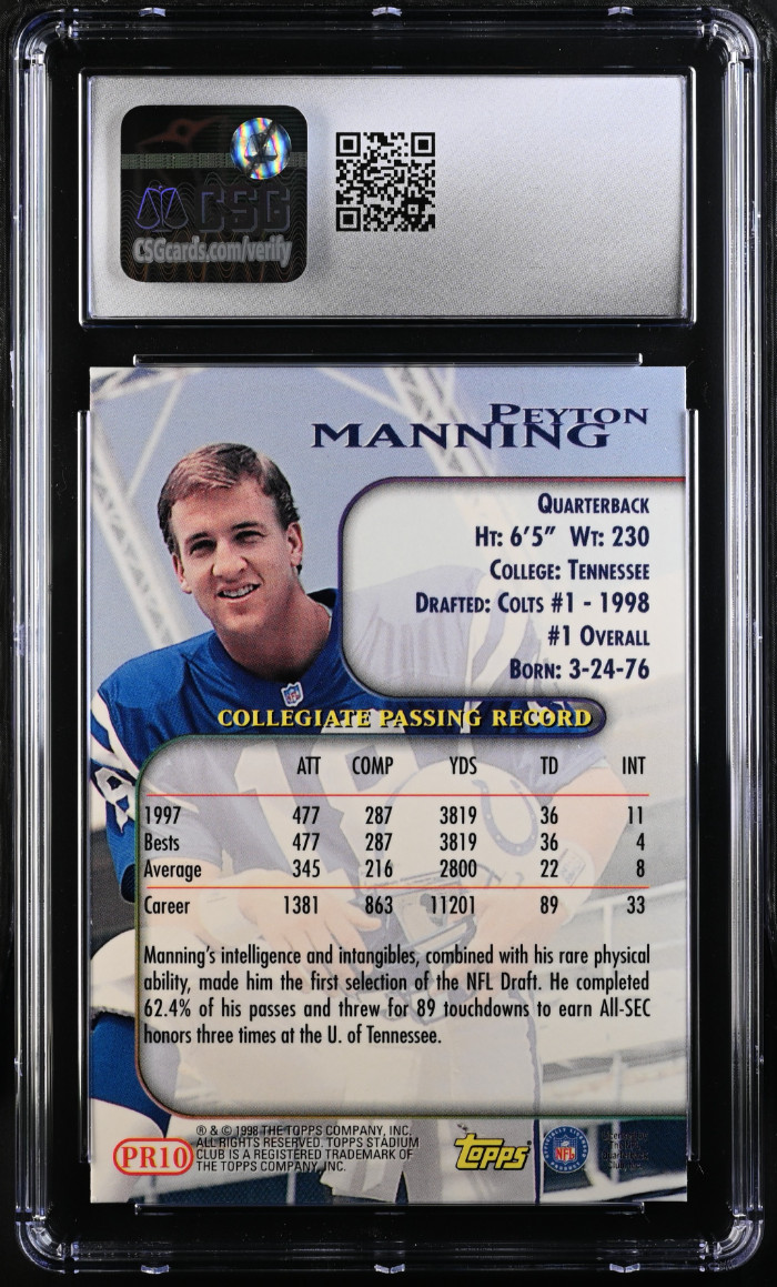1998 Stadium Club Prime Rookies Peyton Manning #PR10 CSG 9 MINT RC ROOKIE HOF