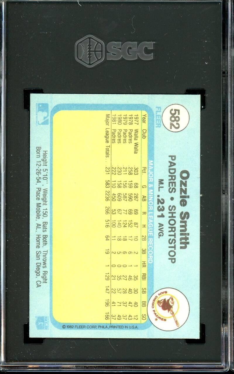 1982 Fleer #582 Ozzie Smith Padres HOF SGC 10 GM Gem Mint