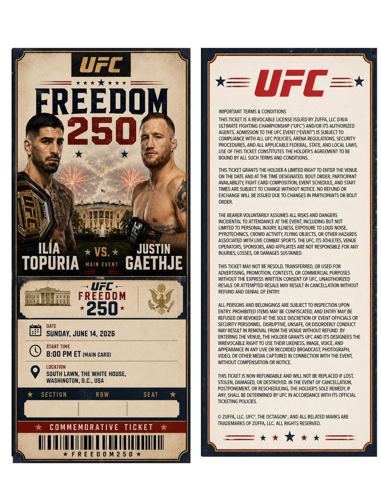 UFC Freedom 250 Ilia Topuria vs. Justin Gaethje Commemorative Ticket Stub Custom