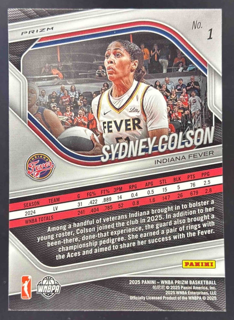2025 Panini Basketball WNBA Prizm Sydney Colson White Seismic #1 Indiana Fever