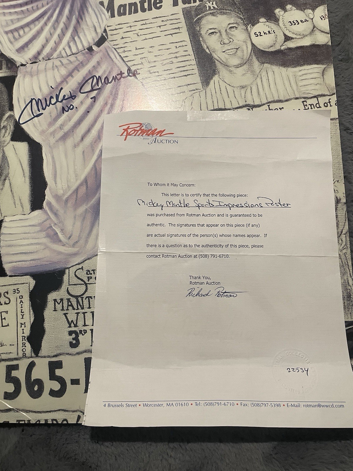 Mickey Mantle Signed Sports Impressions Poster 23.5×17.5 NY Yankees w/Rotman COA
