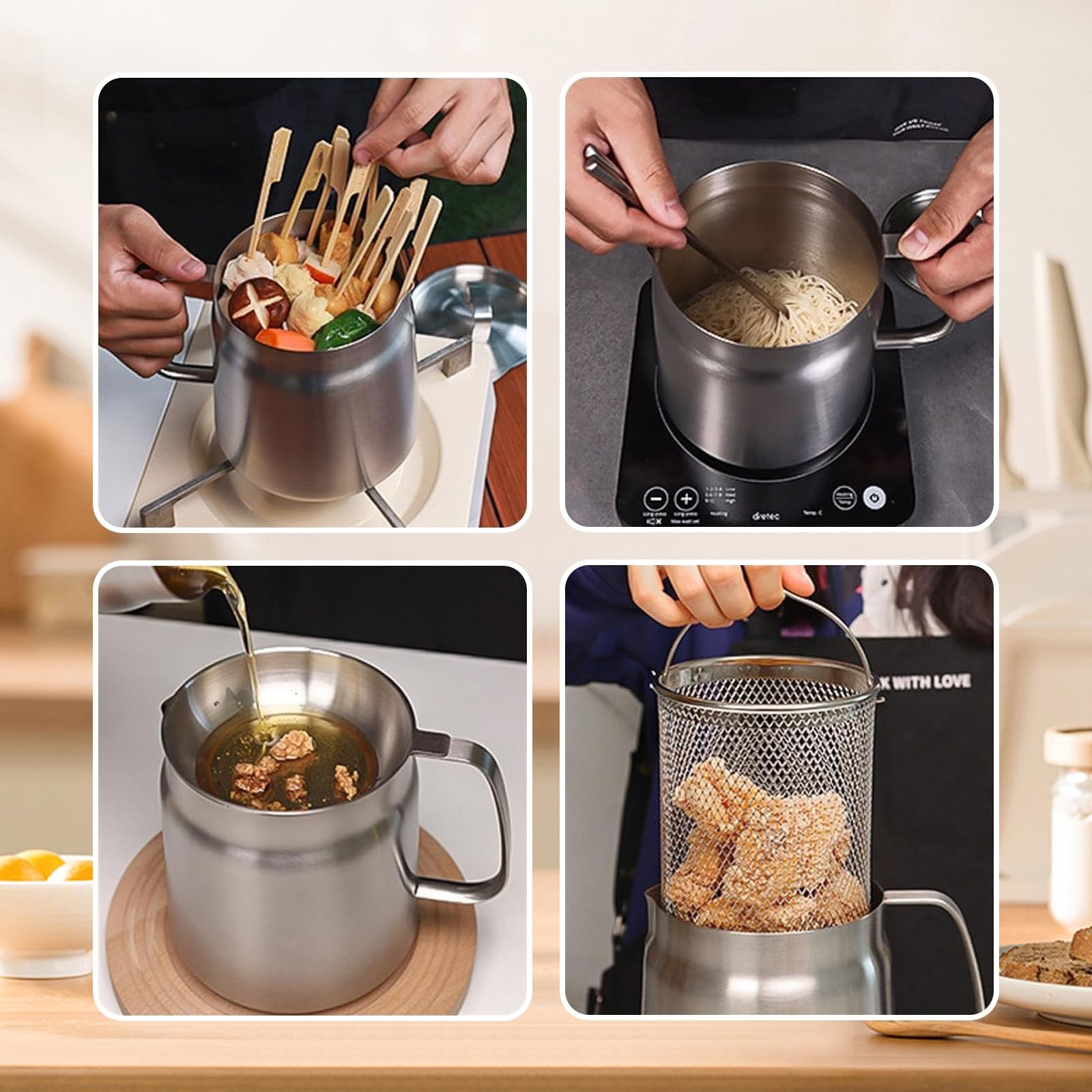 50oz 304 Stainless Steel Deep Fryer Pot with Basket & Strainer, Large Capacity
