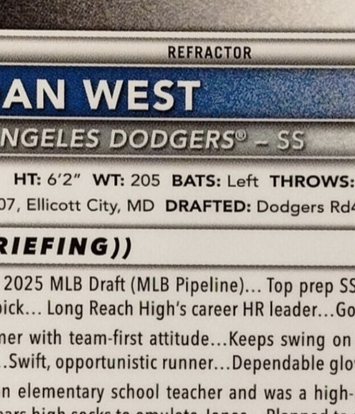 2025 Bowman Draft Chrome Refractor Aidan West #BDC-6 Los Angeles Dodgers Aiden