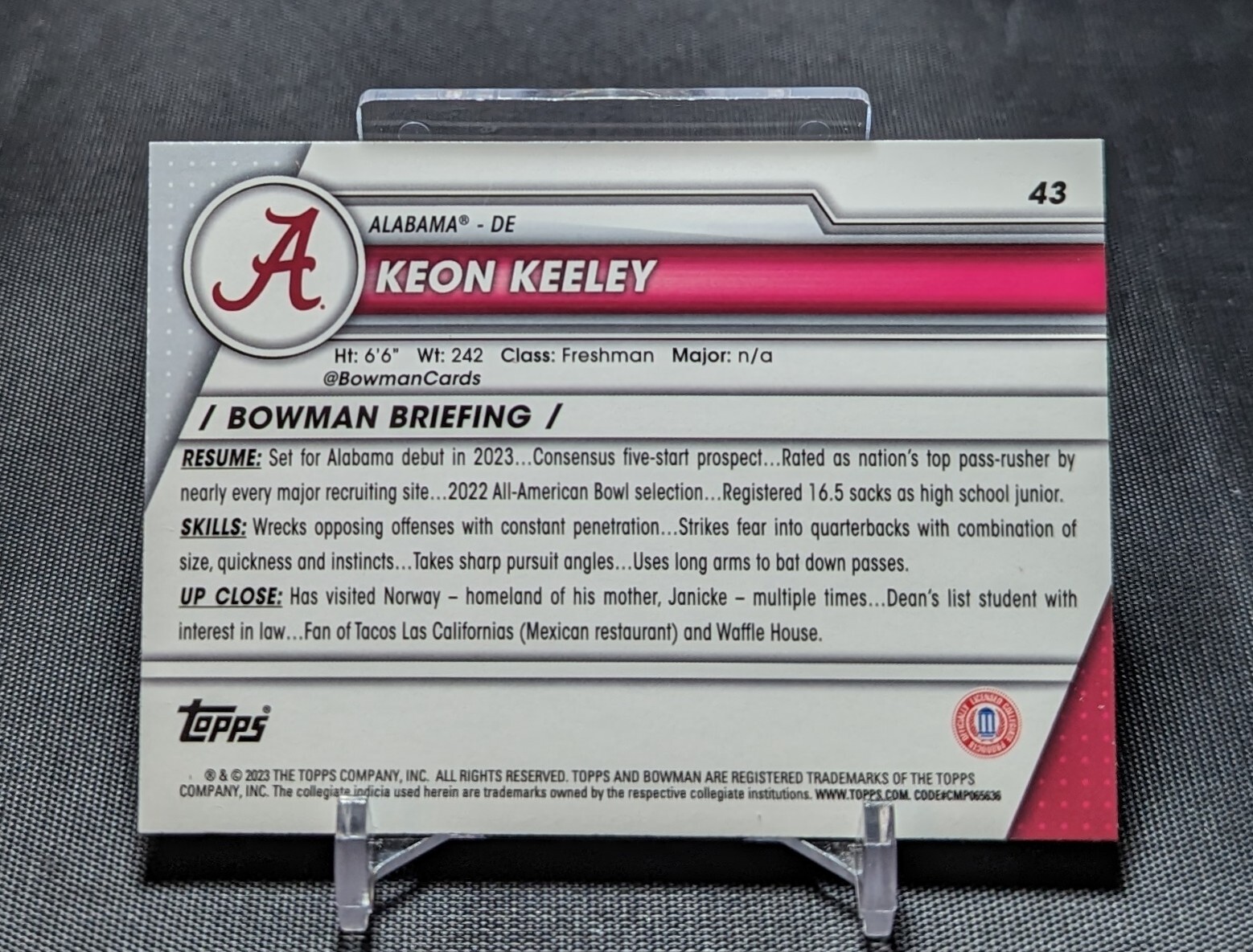 Keon Keeley 1st Rookie RC 2023 Bowman Chrome University Card #43 Alabama
