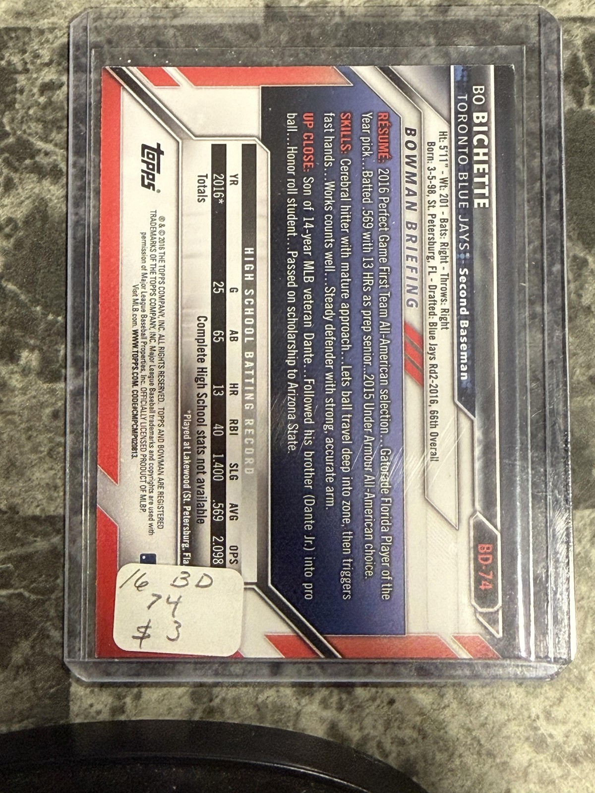 2016 Bowman Draft #BD-74 Bo Bichette