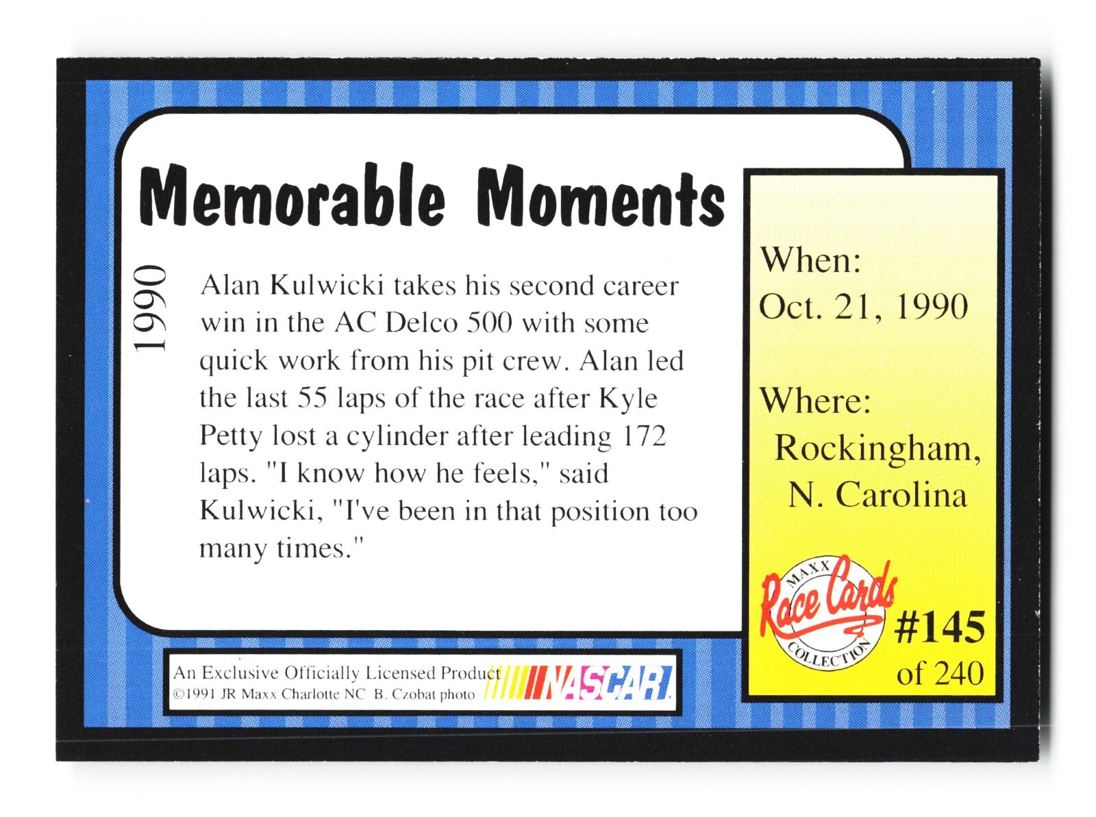 1991 Maxx #145 Alan Kulwicki in Pits/Memorable Moments NMMT 3215