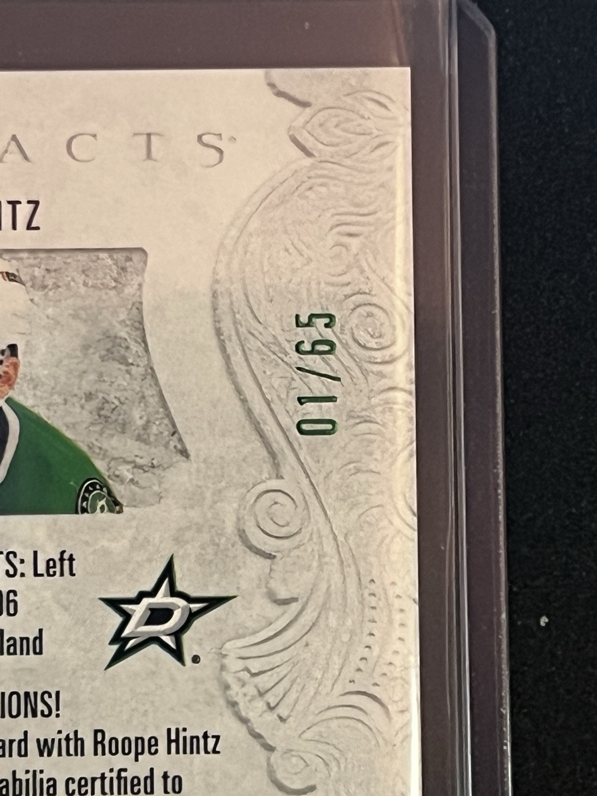 Roope Hintz #1/65 1st on Print Dual Game Used Patch Emerald Color Match