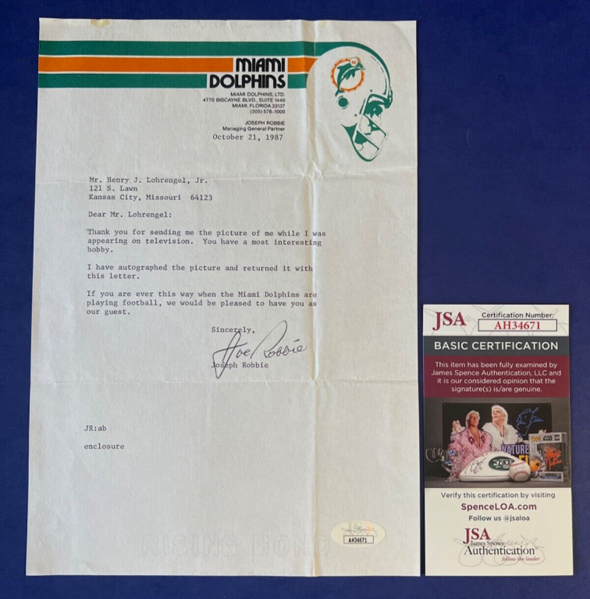Joe Robbie Signed 7.25×10.5 Miami Dolphins Letter 1987 JSA COA