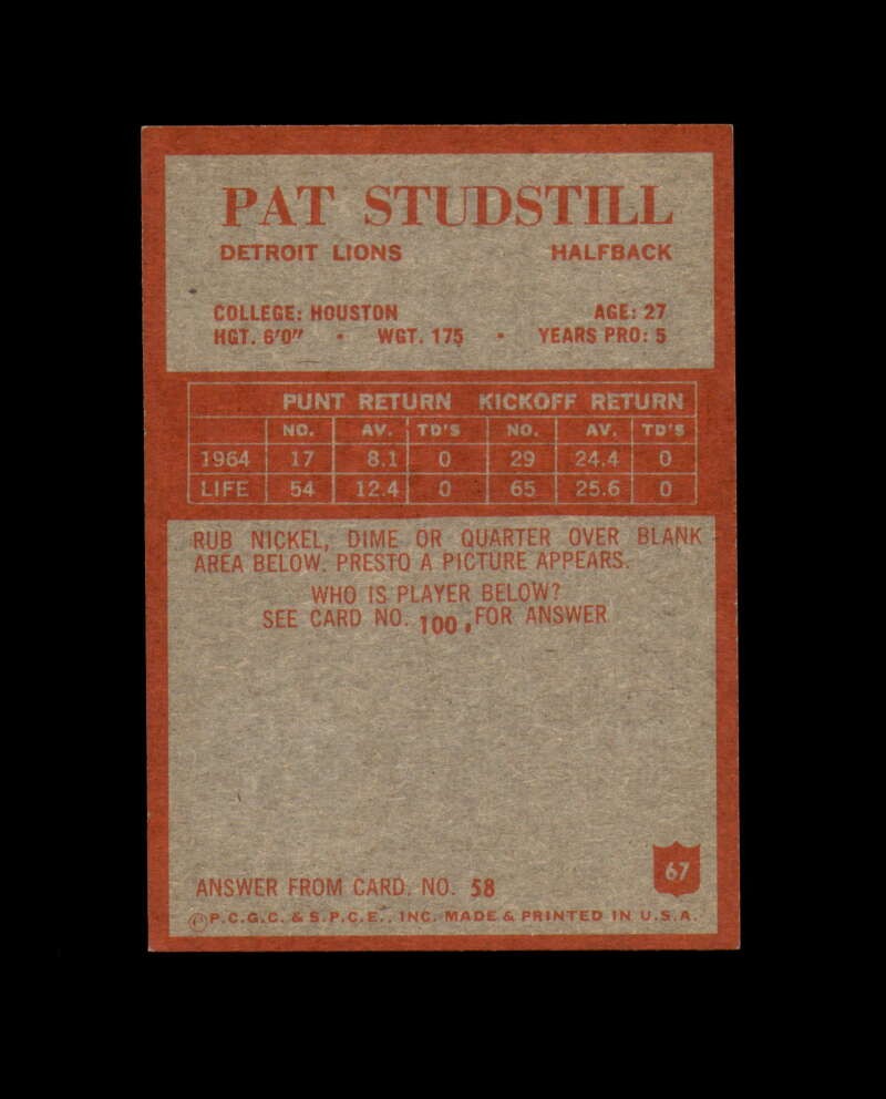 Pat Studstill Signed Original 1965 Philadelphia Detroit Lions Autograph