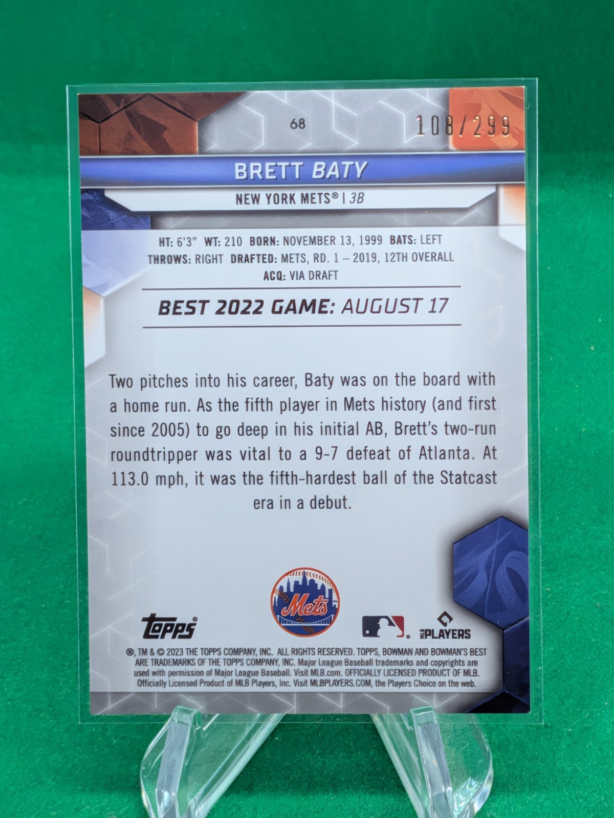 Brett Baty 2023 Bowman’s Best Mini Diamond Refractor Rookie RC /299
