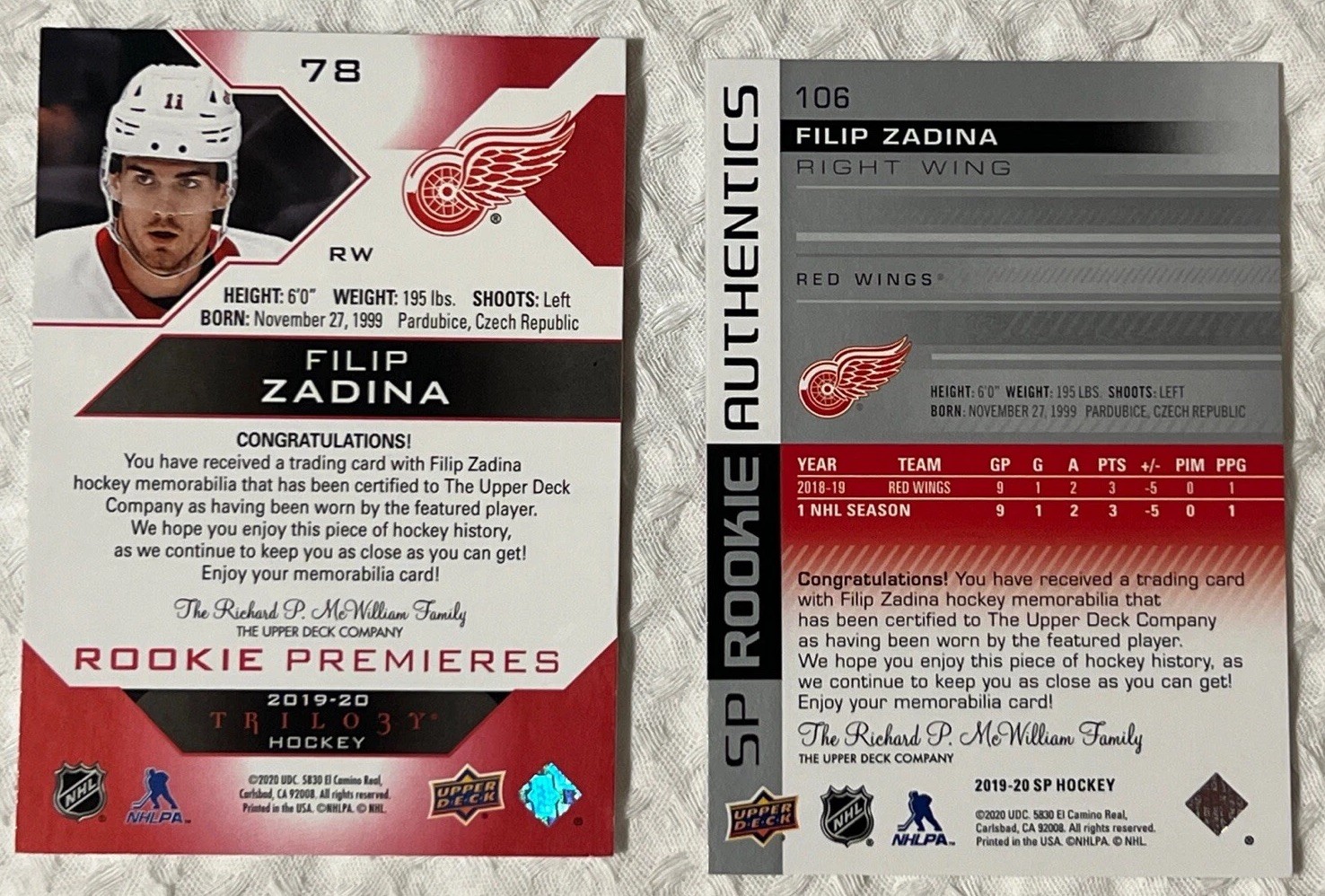 🔥Filip Zadina 2 Card SP /499 Rookie Game Used Jersey Lot U.D. Trilogy RedWings