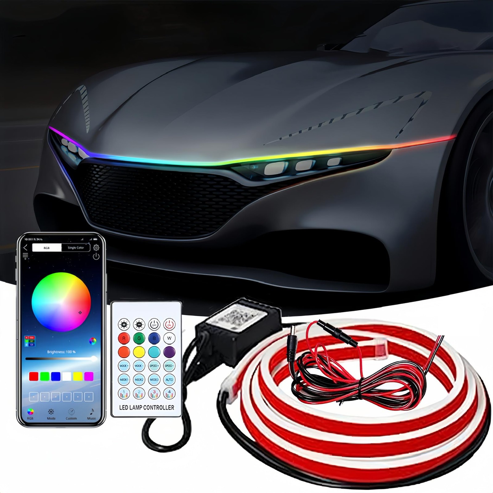 Car LED Hood Lights Multicolor 120 Modes 79 Inch 12V Engine Hood Cover Daytime R