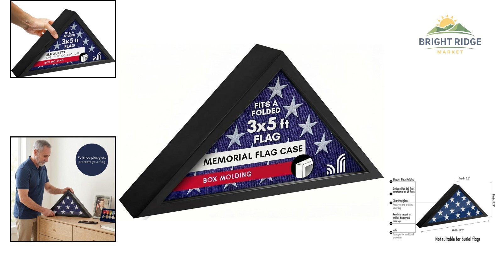 Flag Display Case for 3×5′ Folded Flags – Engineered Wood with Triangular Shape