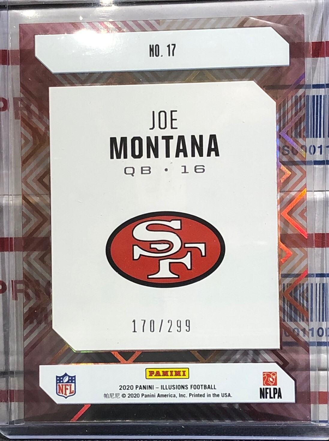 2020 PANINI ILLUSIONS JOE MONTANA, #17, CLEAR SHOTS, LIGHT BLUE, SERIAL #170/299