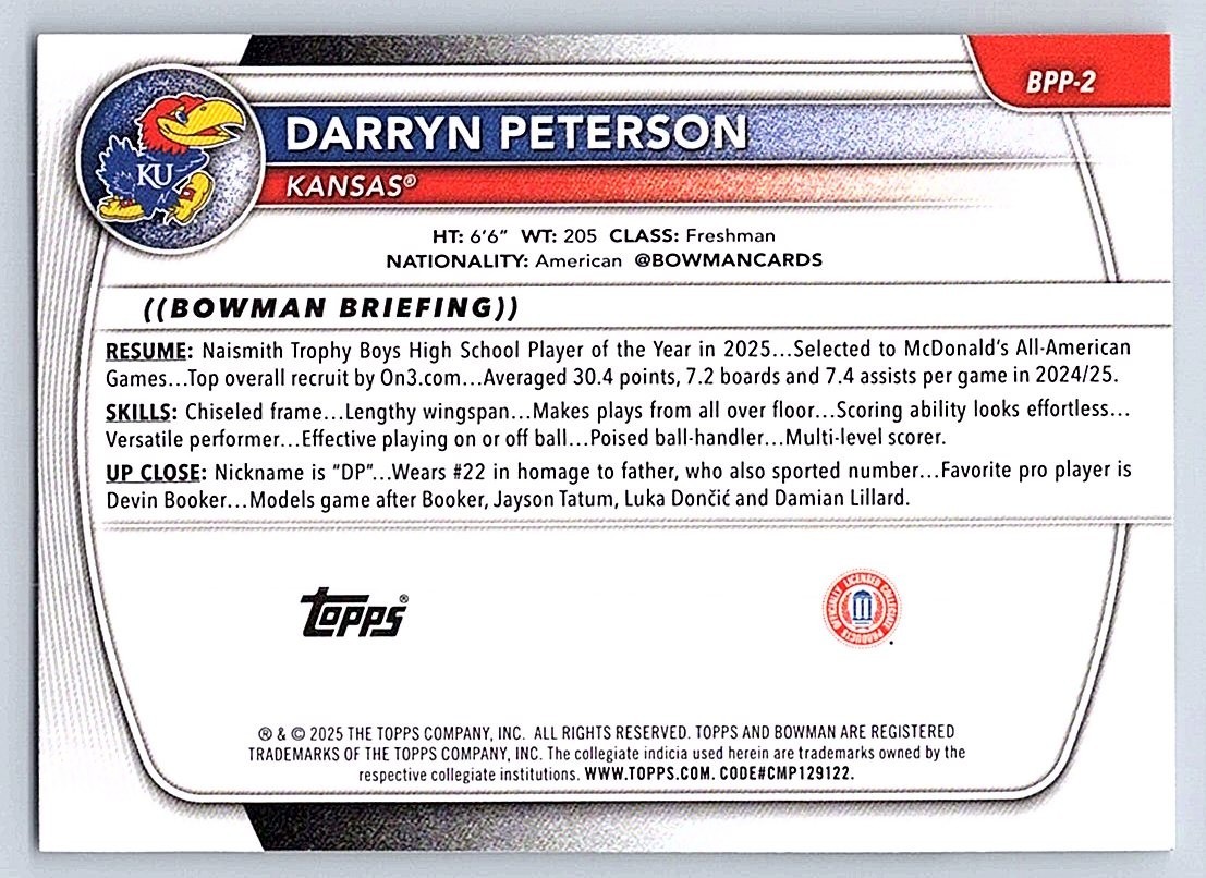 DARRYN PETERSON KANSAS 1st card 2025-26 BOWMAN #BPP-2