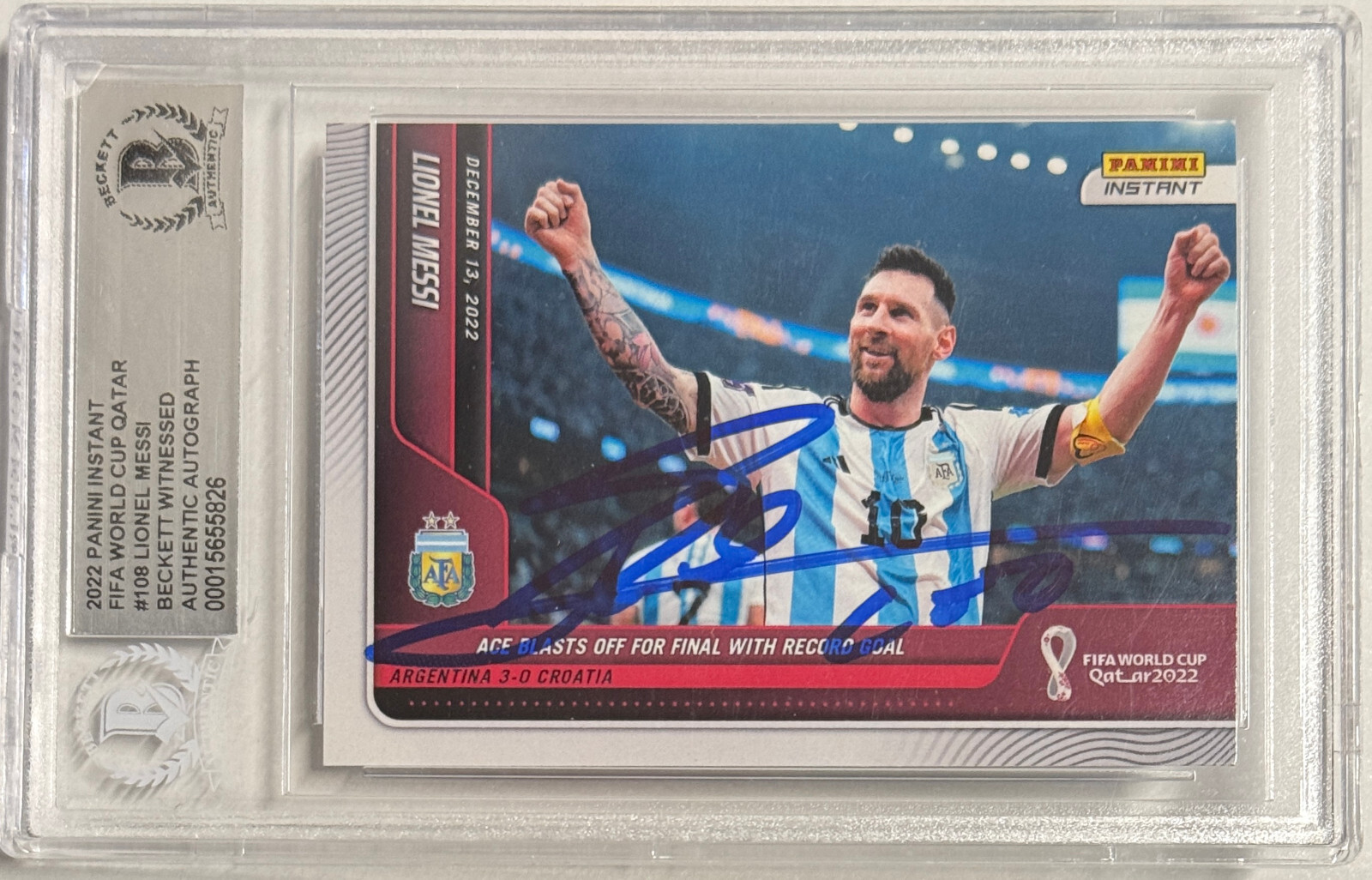 2022 Panini Instant FIFA World Cup /3286 Lionel Messi #108 Beckett BAS Auto 10