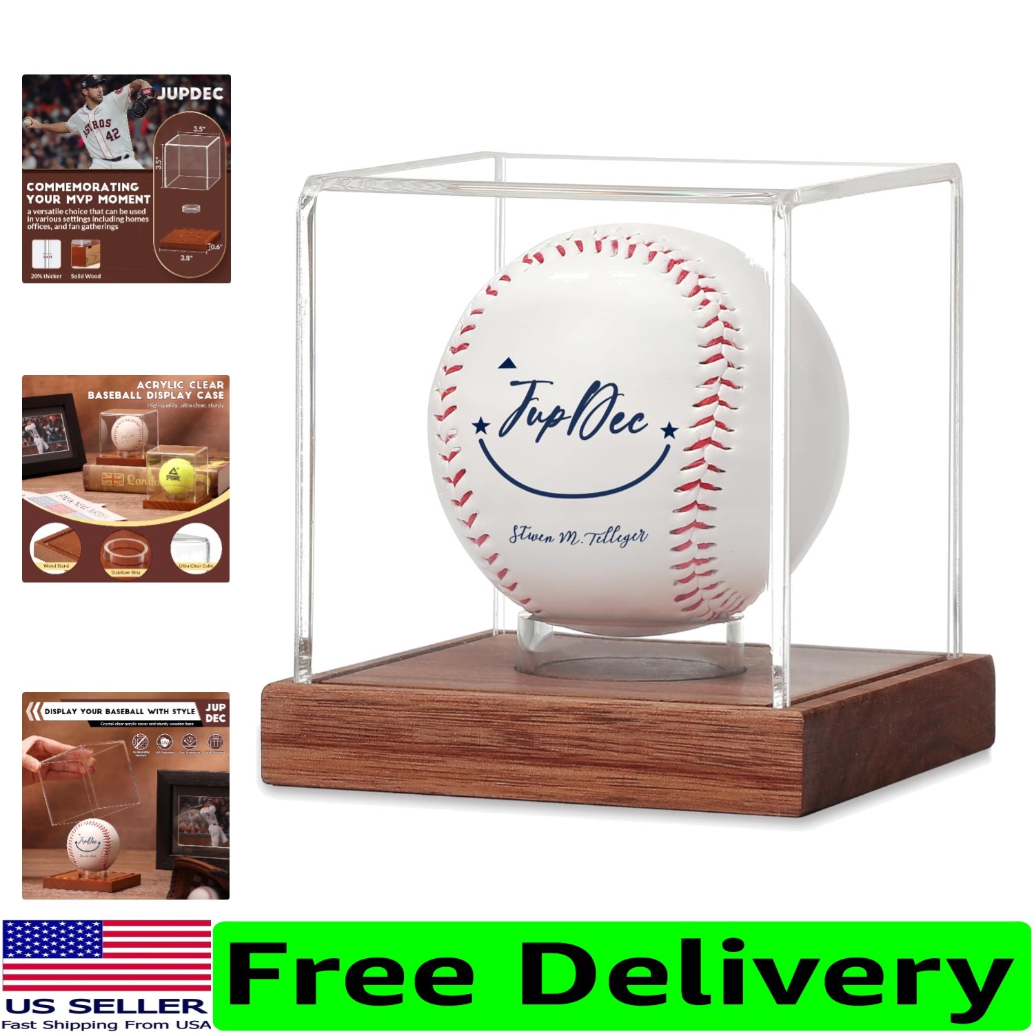 Handcrafted Baseball Display Case—Brown Wooden Base with Acrylic Cover, 4.1”