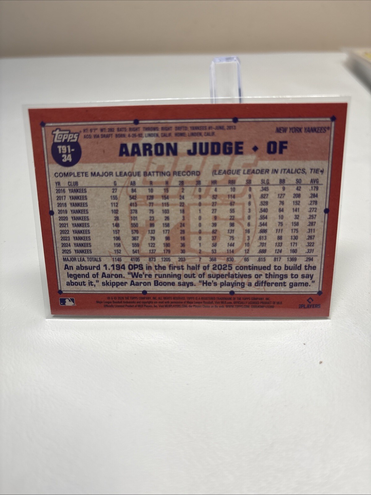 Topps 2026 Series 1 75 Years Aaron Judge T91-34 New York Yankees Baseball Card