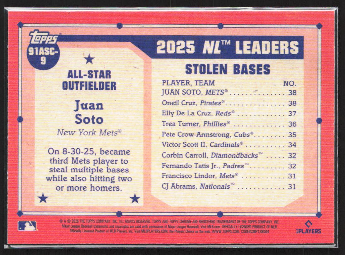 2026 Topps #91ASC-9 Juan Soto 1991 Chrome Throwback Blue /150