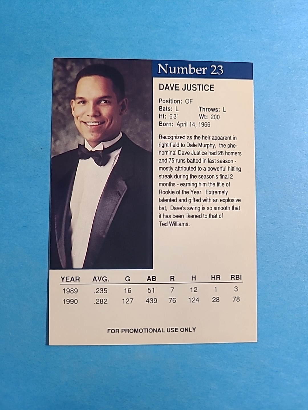 Dave David Justice 1991 Card Guard Promo Baseball Card # 23 I7923