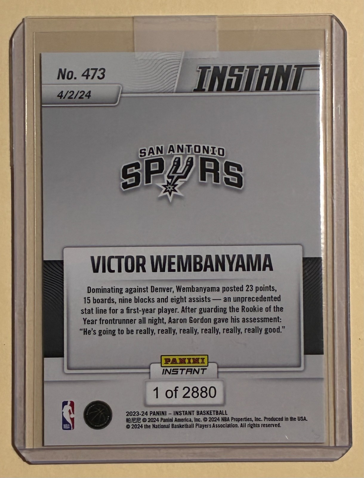 Victor Wembanyama 2023-24 Panini Instant NBA #473 Spurs RC (K)