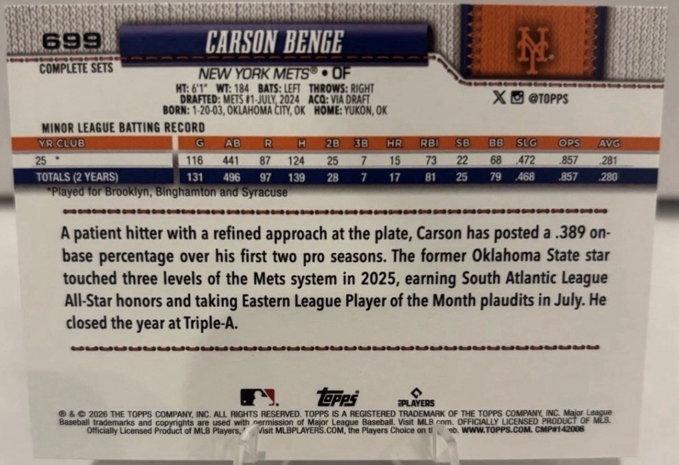 2026 Topps – Carson Benge #699 Complete Set Short Print Rookie Card RC