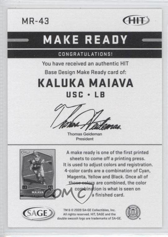 2009 SAGE Hit Make Ready Yellow 33/50 Kaluka Maiava #MR-43 Rookie RC 0b5