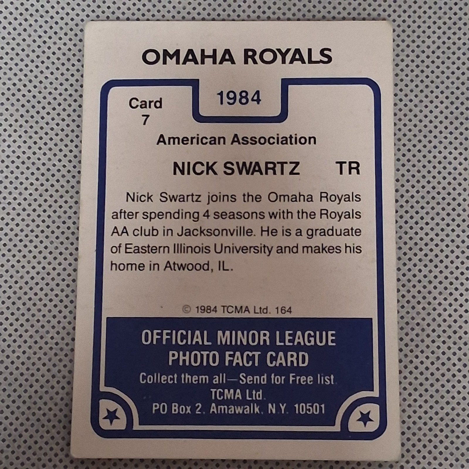 1984 TCMA Ltd #7 Nick Swartz Trainer Omaha Royals AAA Minor Leauge Baseball Card