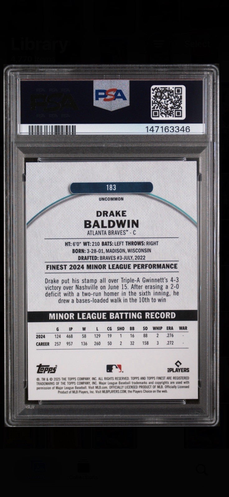 2025 Topps Finest Uncommon Drake Baldwin #183 Blue Checkerboard /150 (RC) Psa 9
