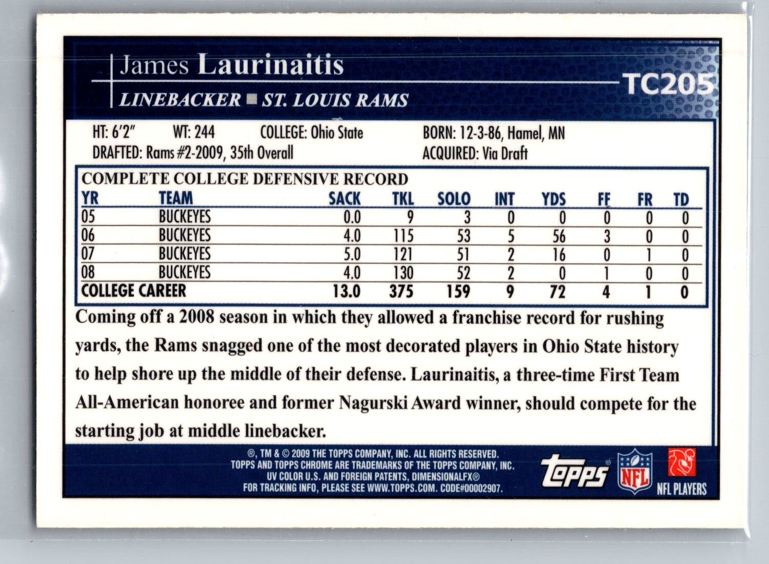 2009 Topps Chrome James Laurinaitis #TC205 RC St. Louis Rams Rookie OSU Buckeyes