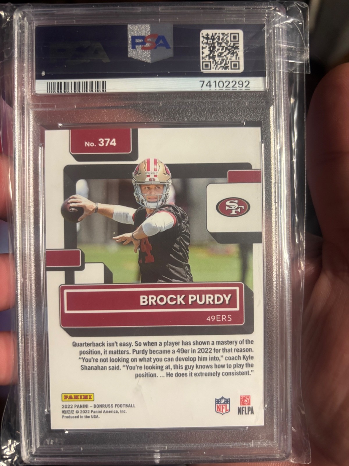 2022 Panini Donruss Press Proof Premium Rated Rookie Brock Purdy #374 PSA 9