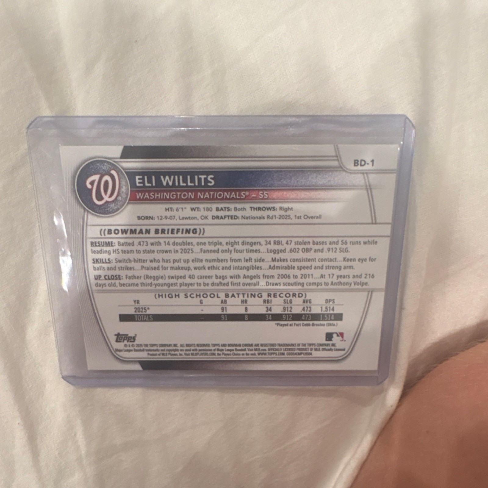 Bowman Draft 2025 Eli Willits Rookie 1st Edition #BD-1 Washington Nationals