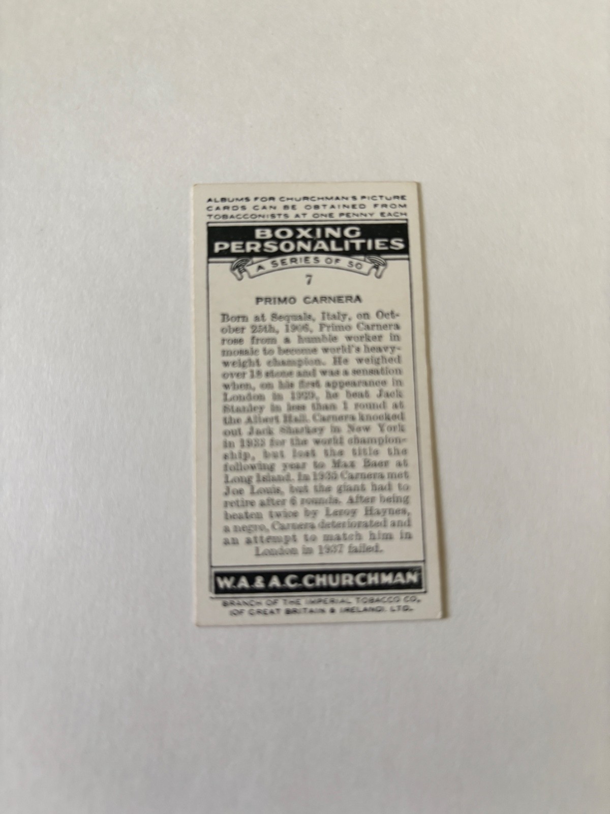 1938 Churchman’s Cigarettes Boxing PRIMO CARNERA #7 EX