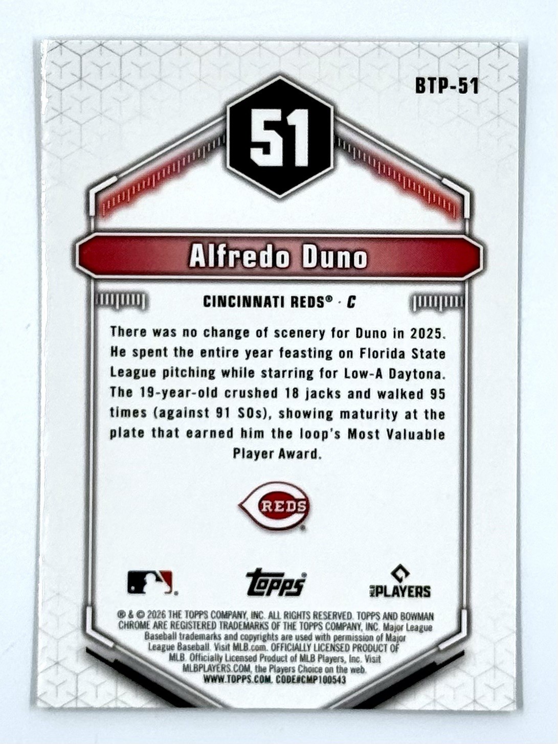2026 Bowman Baseball Alfredo Duno #BTP-51 Top 100 Prospects SP Reds