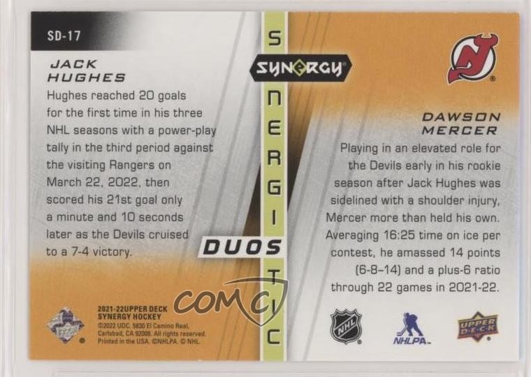 2021-22 Upper Deck Synergy Red 150/299 Jack Hughes Dawson Mercer #SD-17 RC 14sr