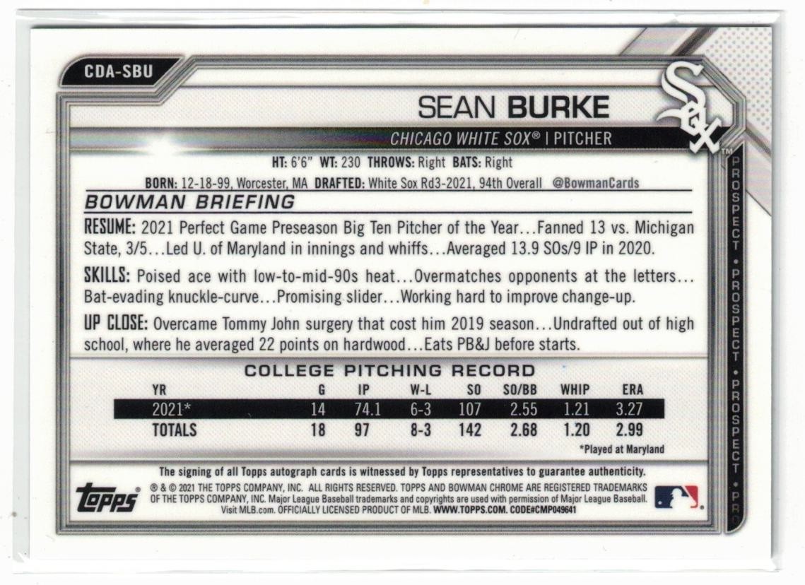 2021 1st Bowman Draft RC AUTO Sean Burke! White Sox! Rookie! Autograph!