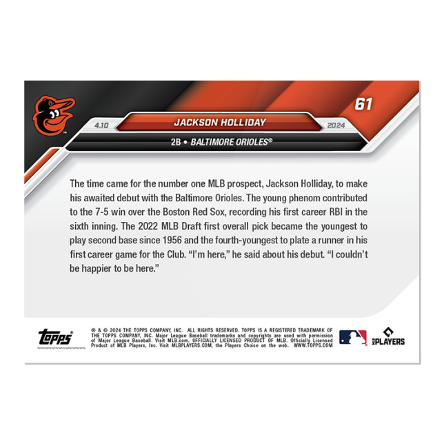 JACKSON HOLLIDAY RC 2024 TOPPS NOW CARD #61 BALTIMORE ORIOLES 🔥⚾⚾ (1ST TN CARD)