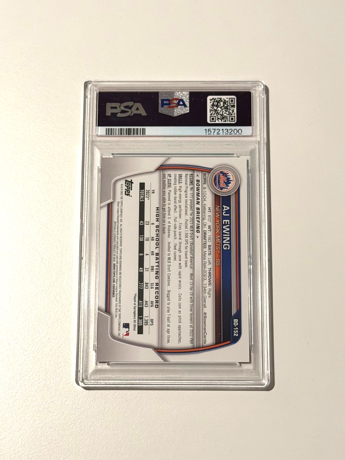 AJ Ewing /199 1st Bowman, 2023 Bowman Draft, MINT, PSA 9