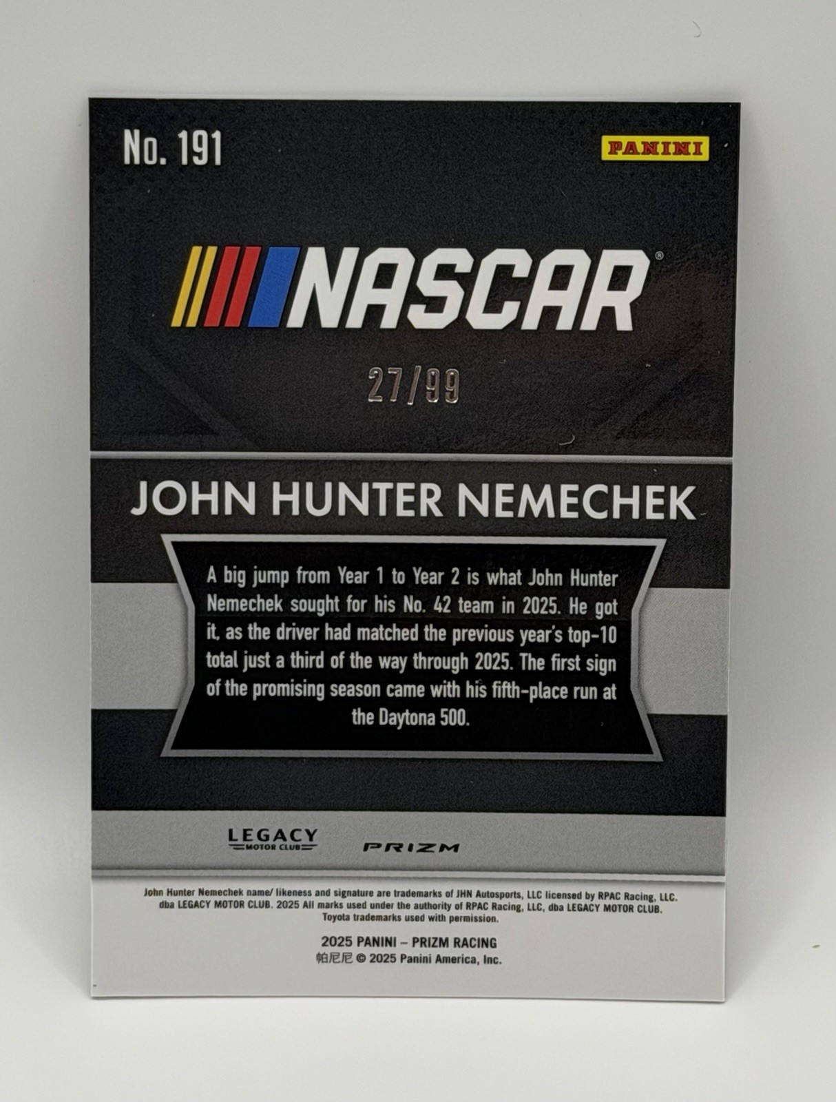 2025 Panini Prizm Racing John Hunter Nemechek #191 Purple Prizm /99 NASCAR