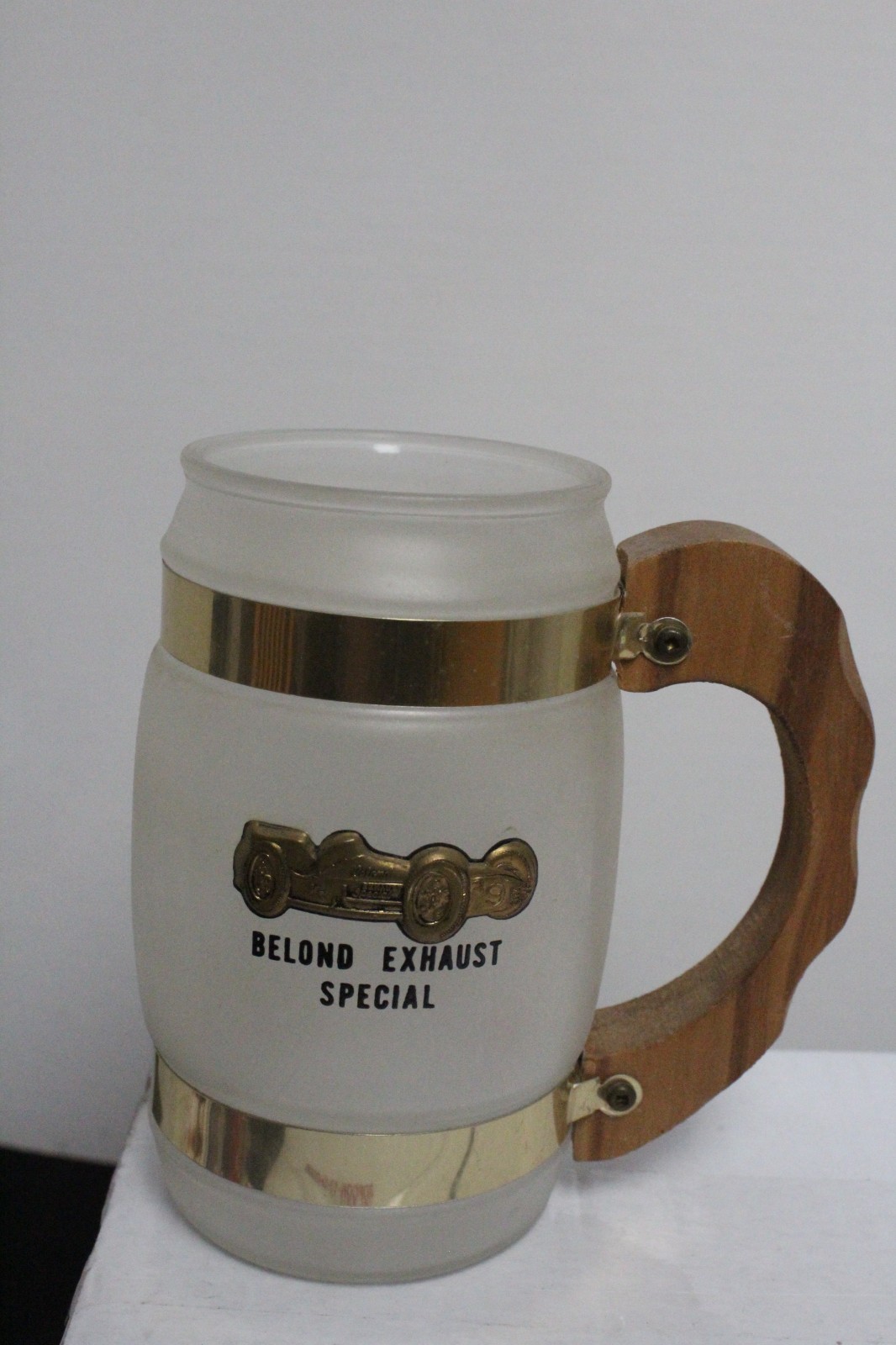 Set of 9 Siesta Ware Indy 500 Frosted Glass, Wood & Metal Mugs 1952-1960