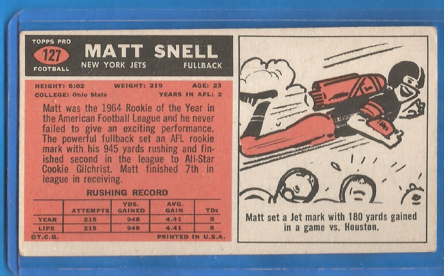 1965 TOPPS FOOTBALL (VG-EX) # 127 MATT SNELL (SP) – NEW YORK JETS