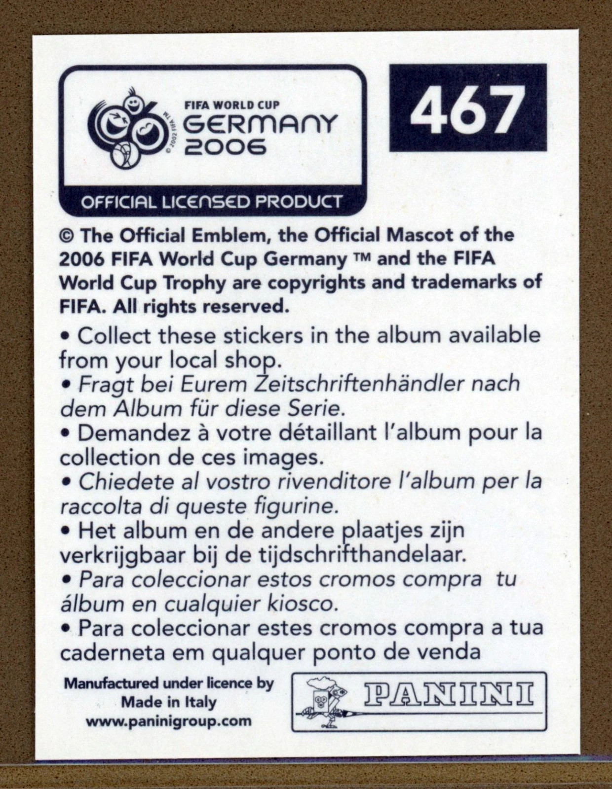 2006 Panini Germany World Cup Sticker France Zinedine Zidane No. 467 Qty