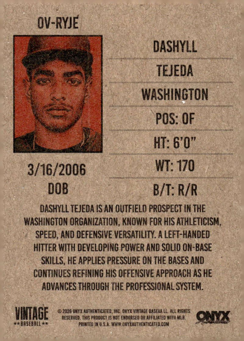 DASHYLL TEJEDA RC 2026 Onyx Vintage #OVRYJE ROOKIE Nationals MLB ID:166761