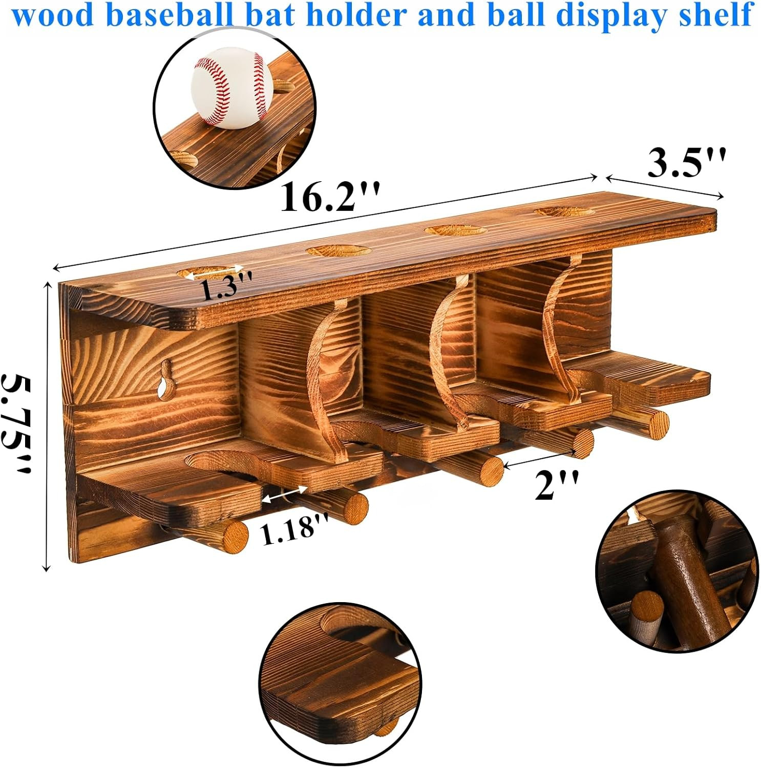 Wood Baseball Bat Holder and Ball Display Shelf Wall Mounted, Sports Memorabilia