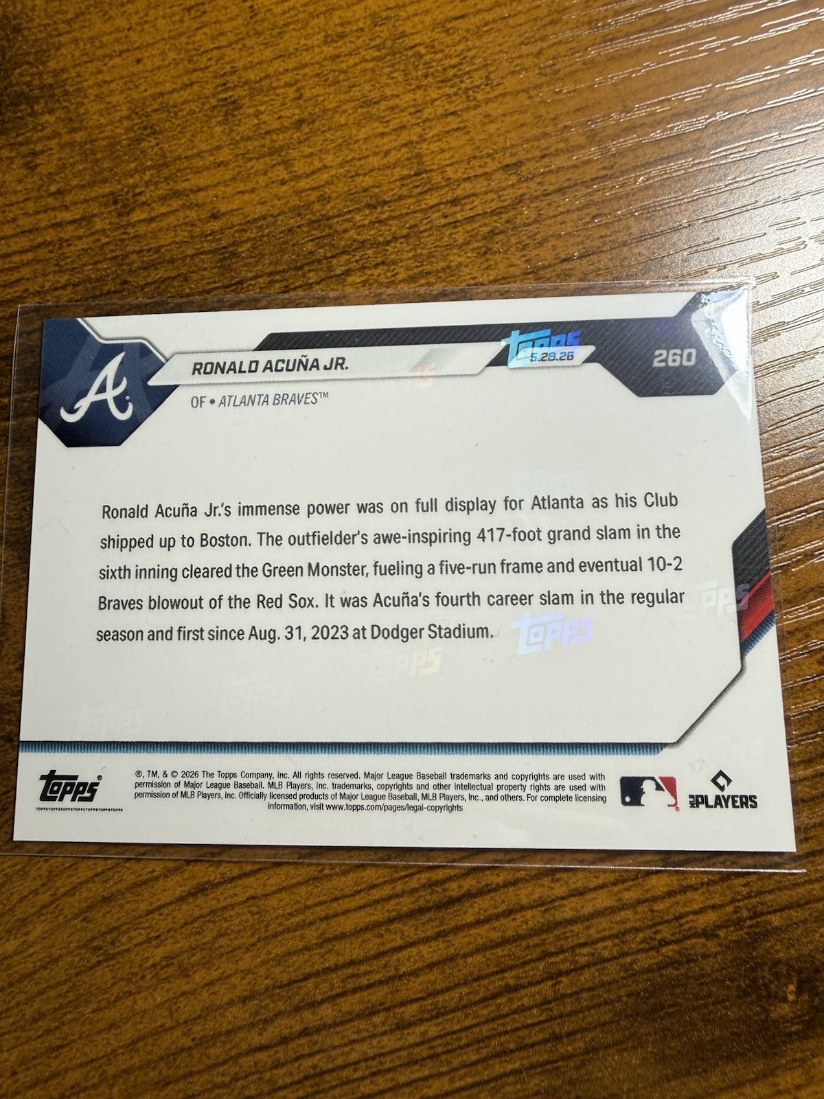 Ronald Acuna Jr. Green Monster Grand Slam 2026 MLB Topps NOW – #260 In Hand