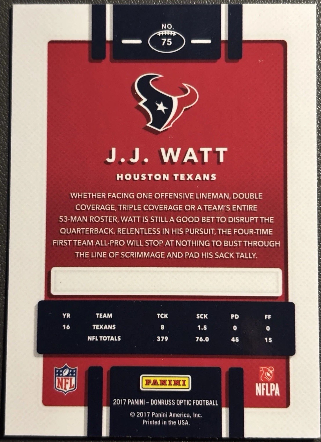 2017 Panini Donruss Optic J.J. Watt #75 Houston Texans Card! D8