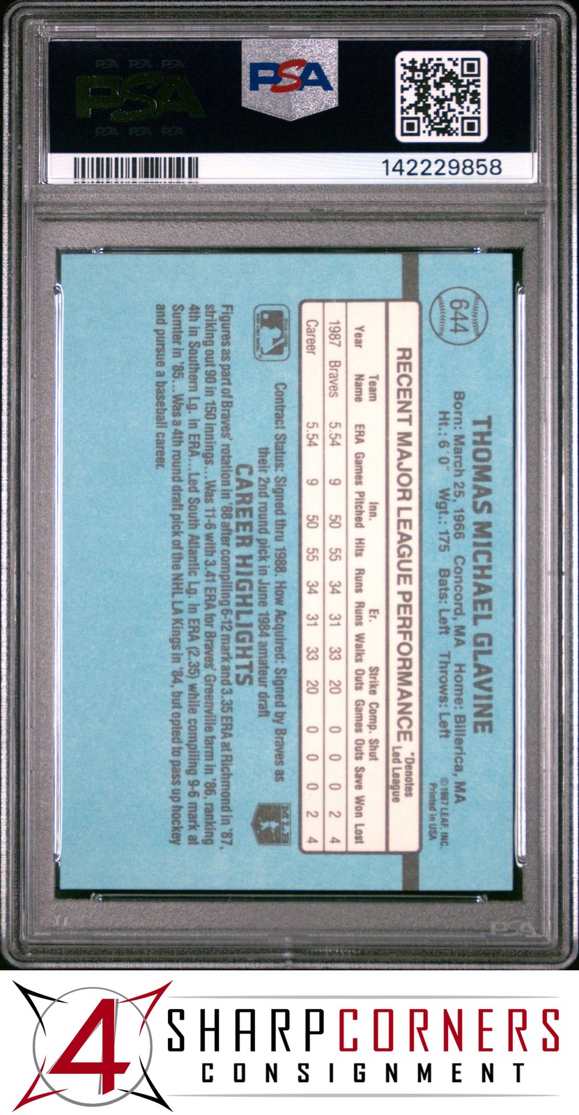 1988 DONRUSS #644 TOM GLAVINE RC BRAVES HOF PSA 10