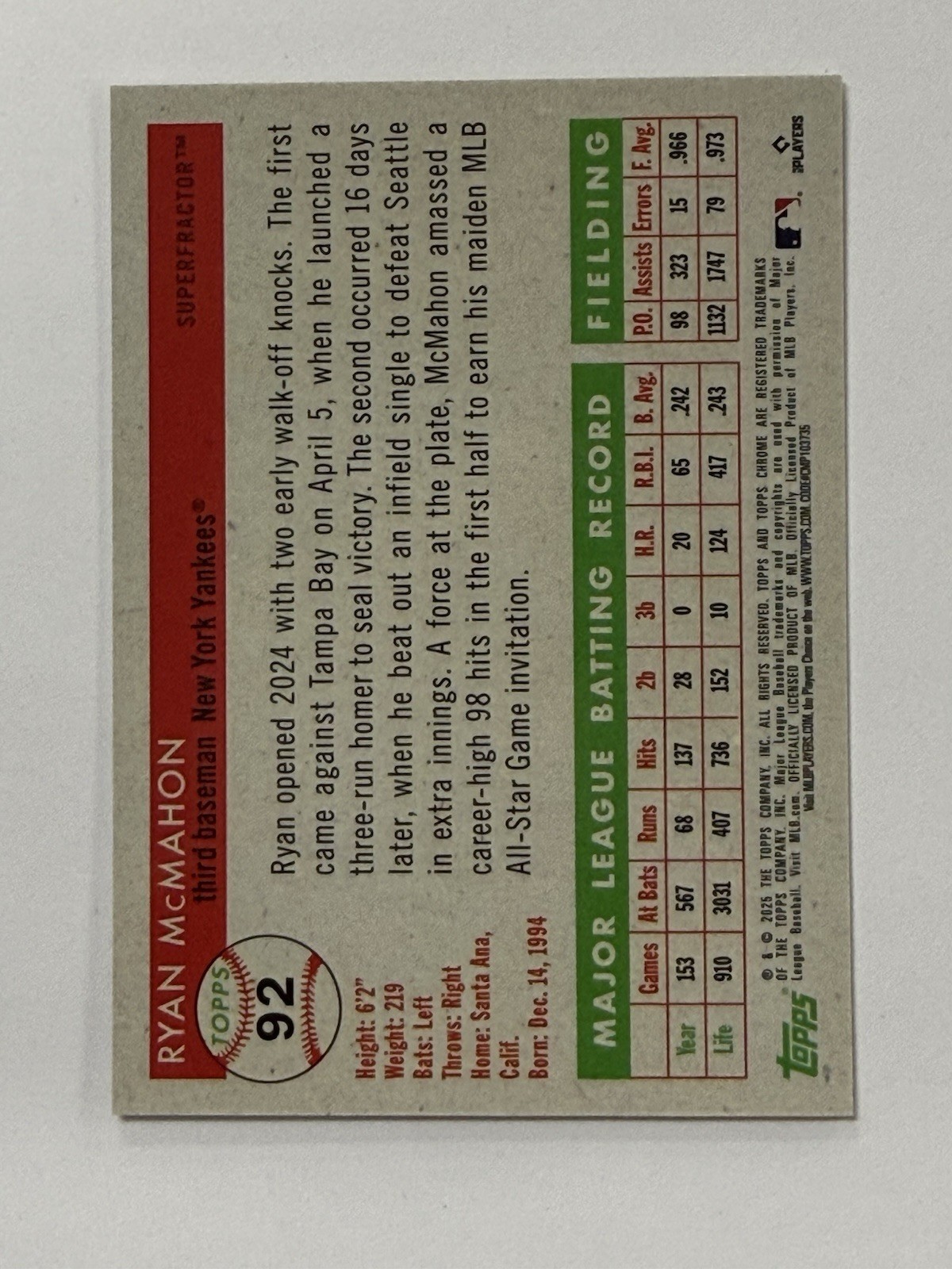 Ryan McMahon 1/1 Superfractor 2025 Topps Chrome Platinum #92 Yankees