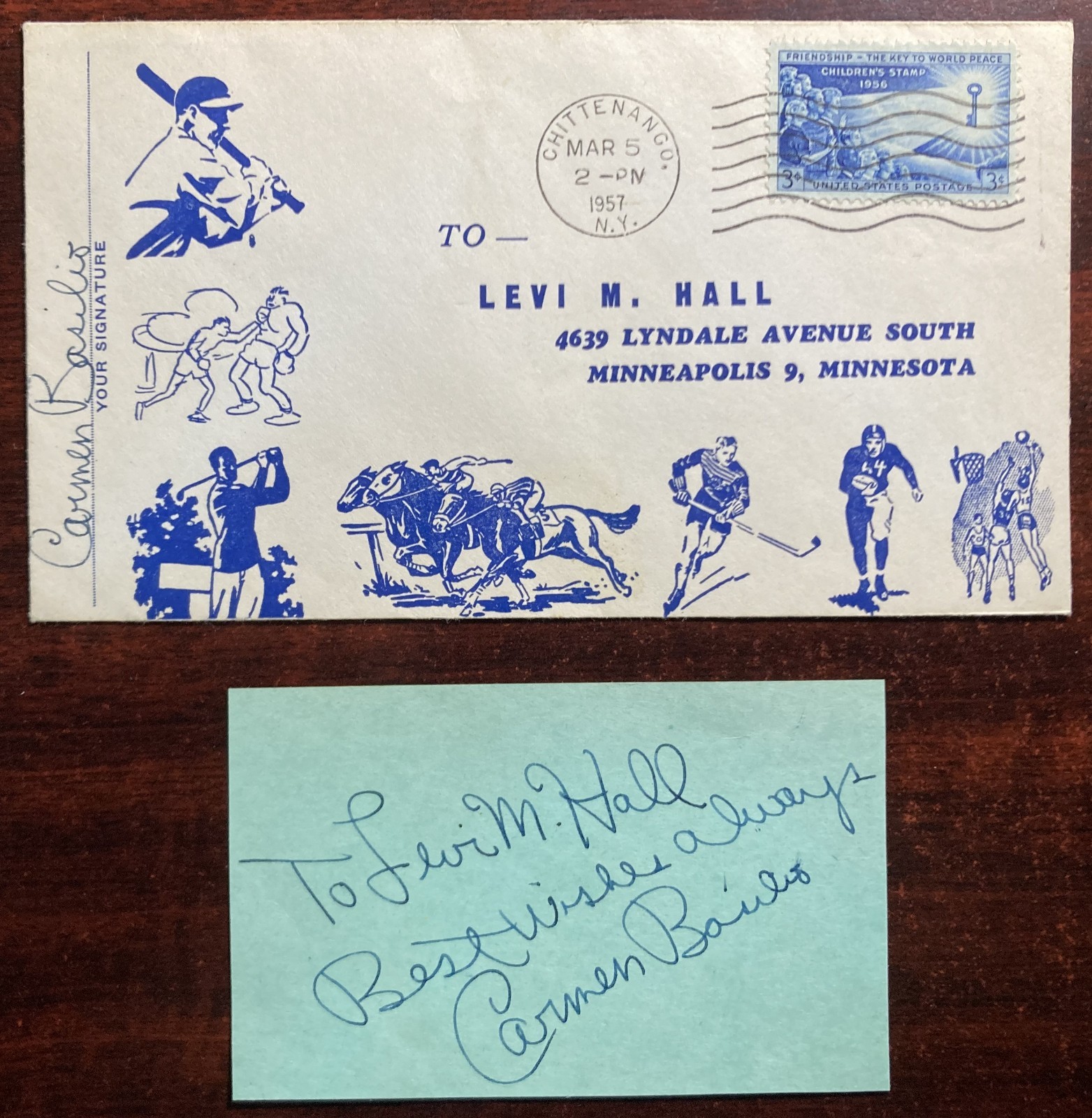 CARMEN BASILIO-(2) items; *Signed card-*Signed Postal Cover-1957-Boxing Champion